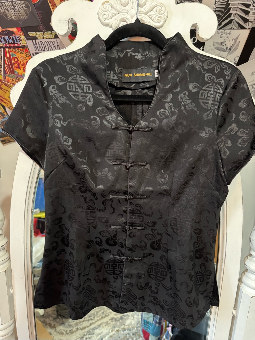 Black Satin Brocade Mandarin Collar Blouse